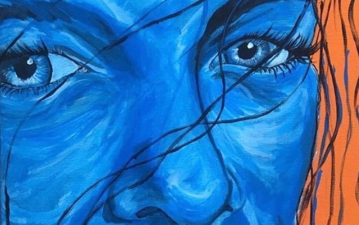Closeup painting of a blue face by Cora Green at Hotel Preston.